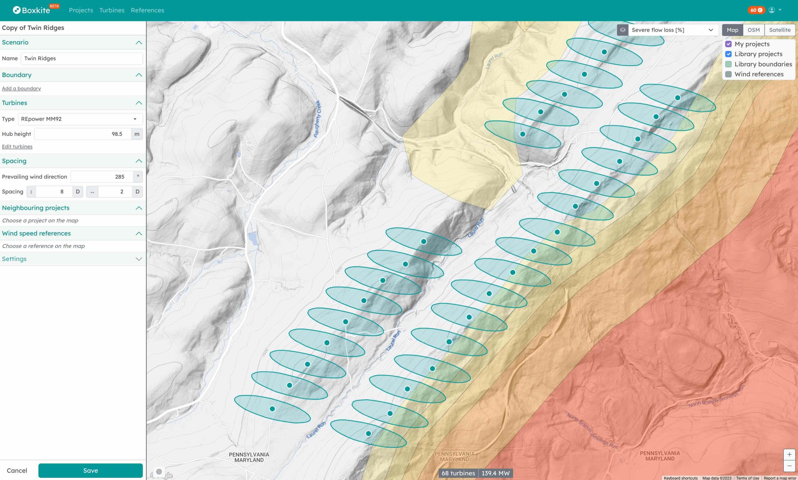 Screen shot of Boxkite Analysis System showing a contour map of severe flow loss for wind farm on a ridgeline. Image provides evidence that the system generates useful results easily.