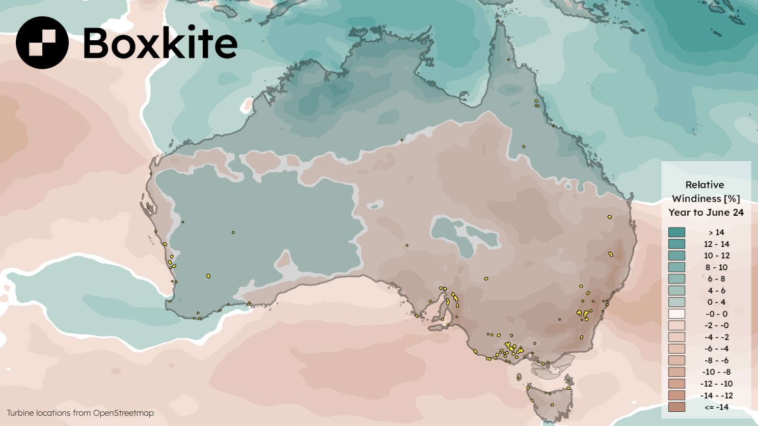 Map showing windiness in South Australia, Victoria, ACT and New South Wales lower than average.